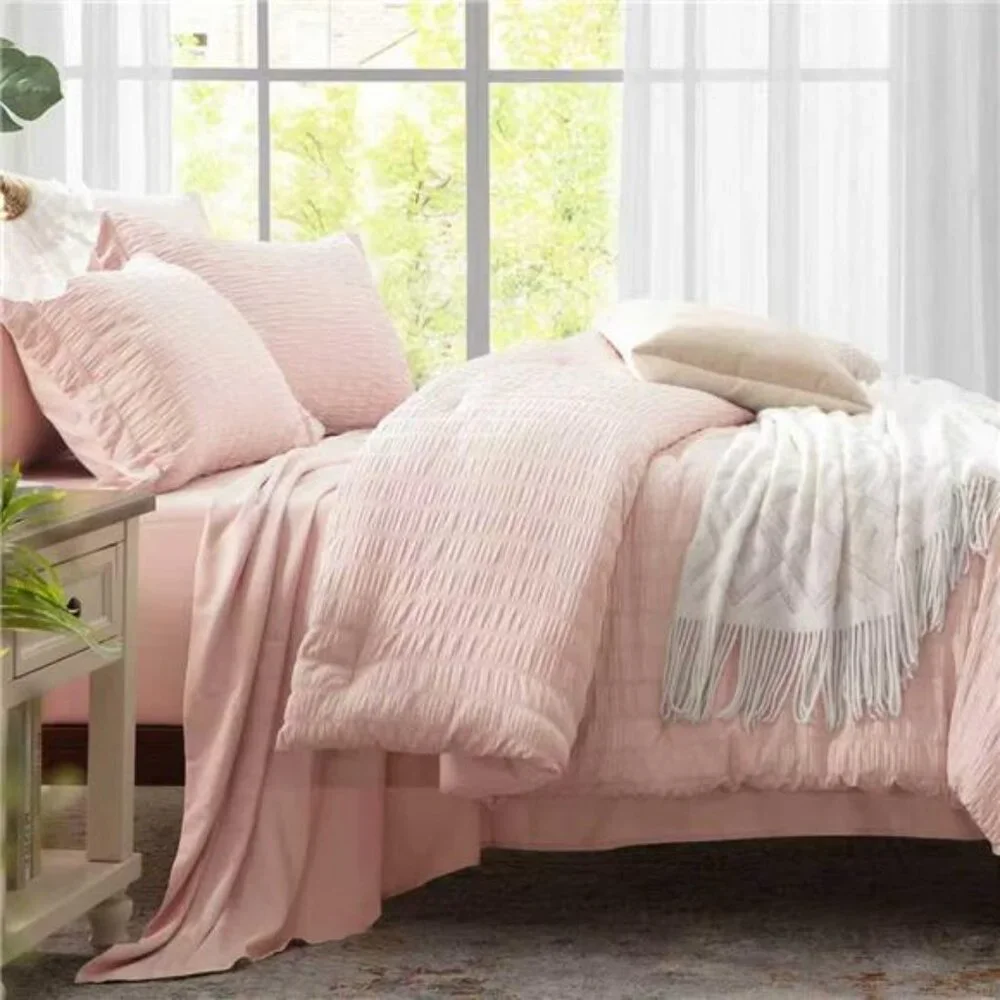 New Full Comforter Set 7 Pieces, Pink Seersucker Bed in a Bag with Comforter